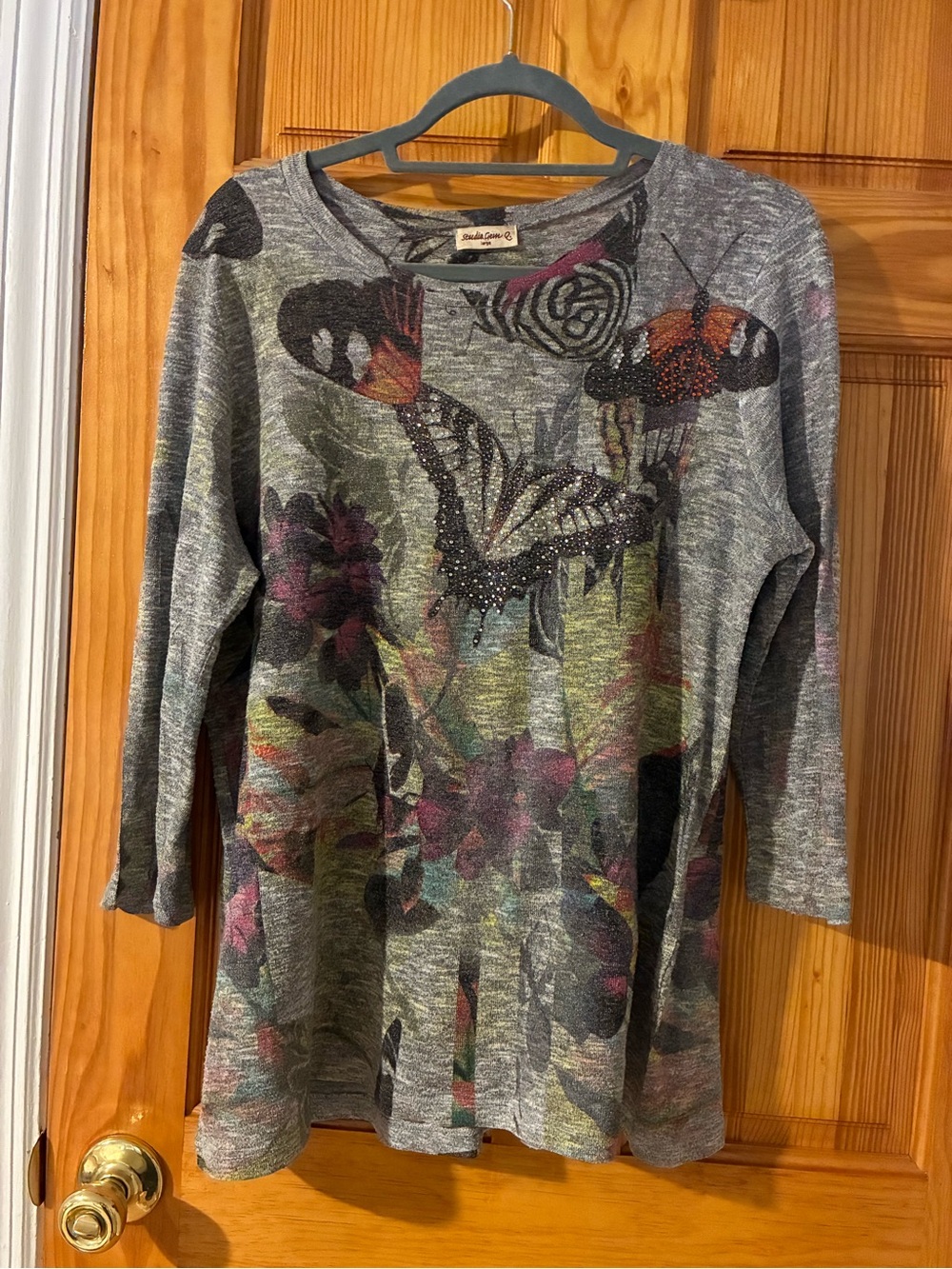 Embellished Butterfly Print Grey Tunic Top by Studio Gem